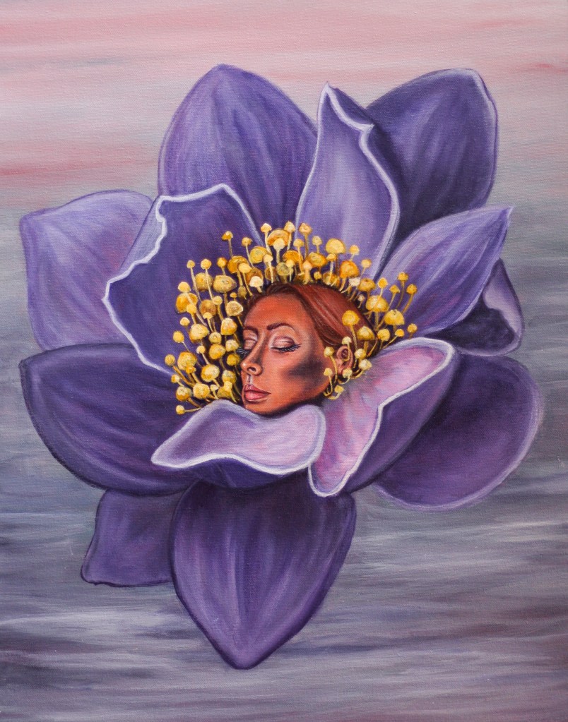 Image is of an acrylic painting of a blooming purple flower emerging from a water-like background. Within the centre of this flower, is an image of the artist.
