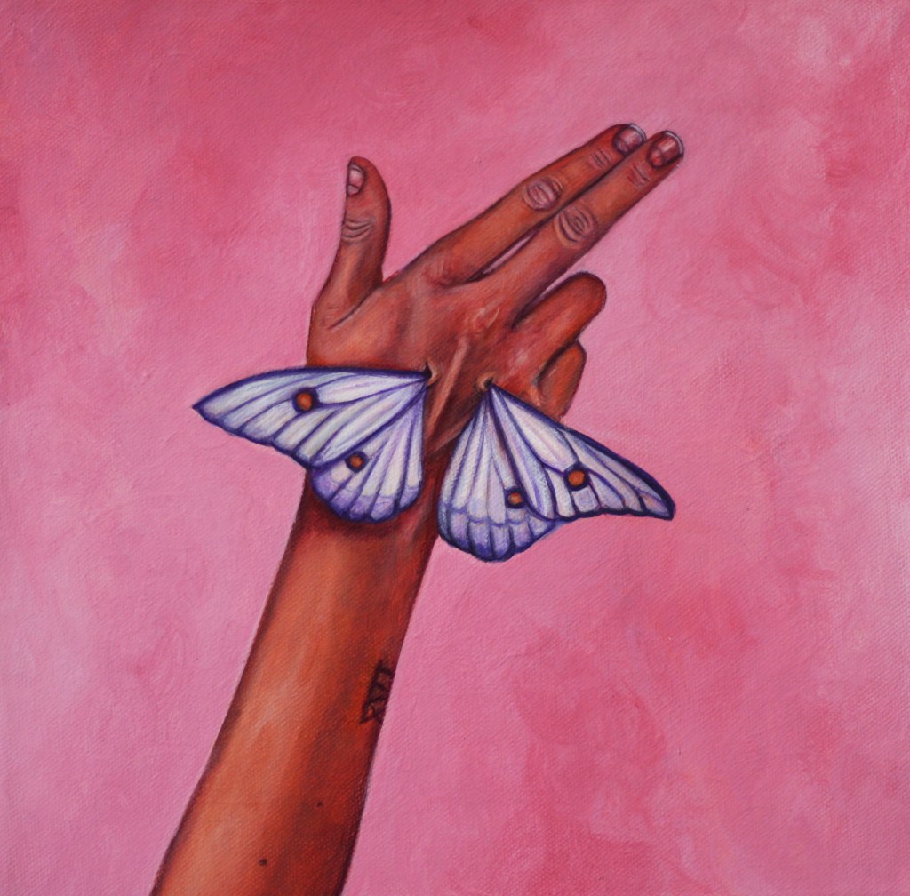 A girl is a gun, left panel, original acrylic painting by larissa monique hauck