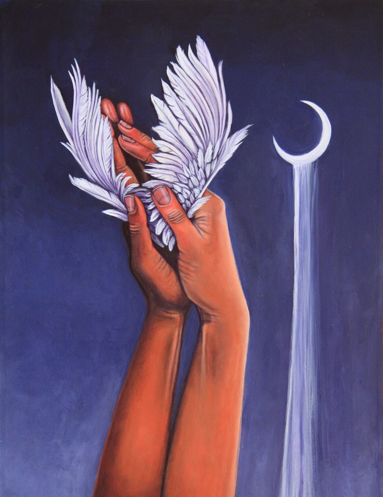 Acrylic painting by Larissa Monique Hauck depicting hands reaching upwards with white wings protruding up. A crescent moon is in the background with a cascading wash flowing downward. Background is dark blue.